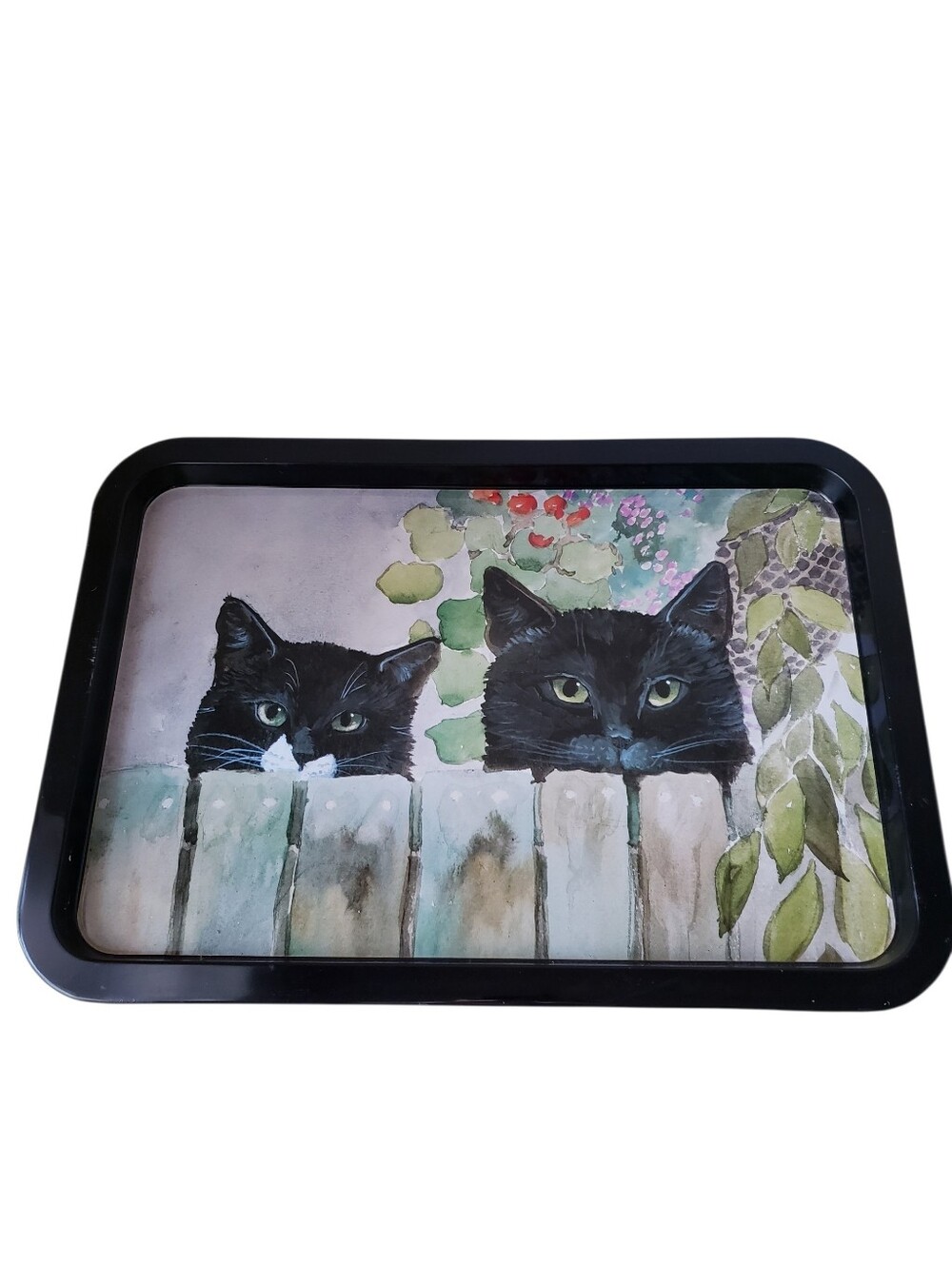 Vintage Two Cats Black Metal Serving Tray
